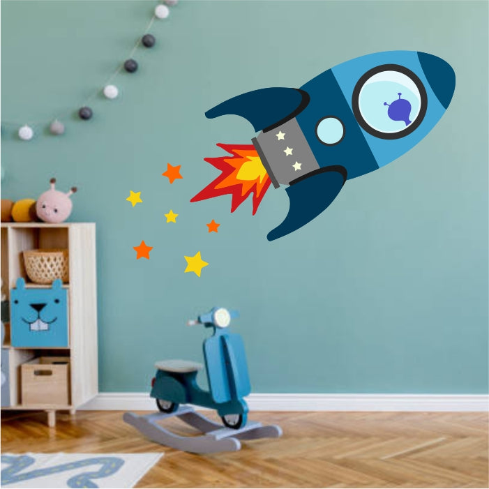 Alien Flying In Blue Rocketship Decal