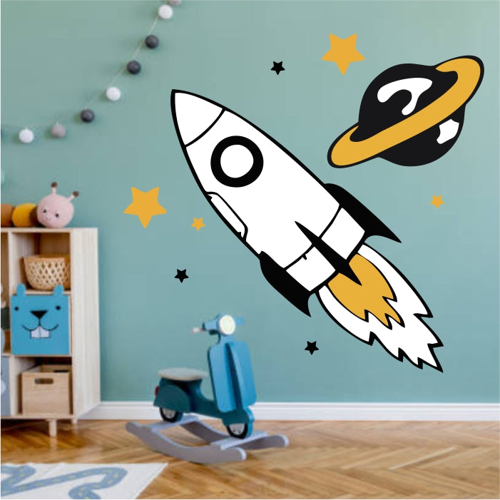 White And Black Rocketship Flying Around Planet With Stars Decal