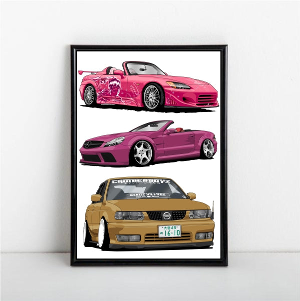 Honda S2000 2 Fast And 2 Furious - Mercedes Benz SI55 - Nissan Sentra B13 Car Poster