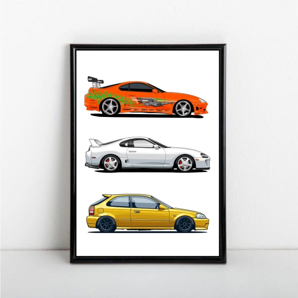 Toyota Supra MK IV - Honda Civic Car Poster