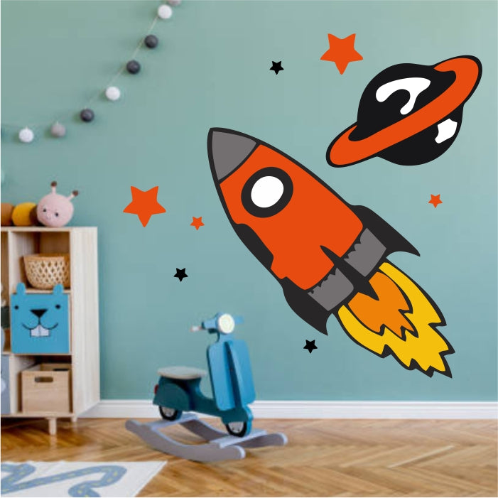 Orange And Grey Rocketship Flying Around Planet With Stars Decal