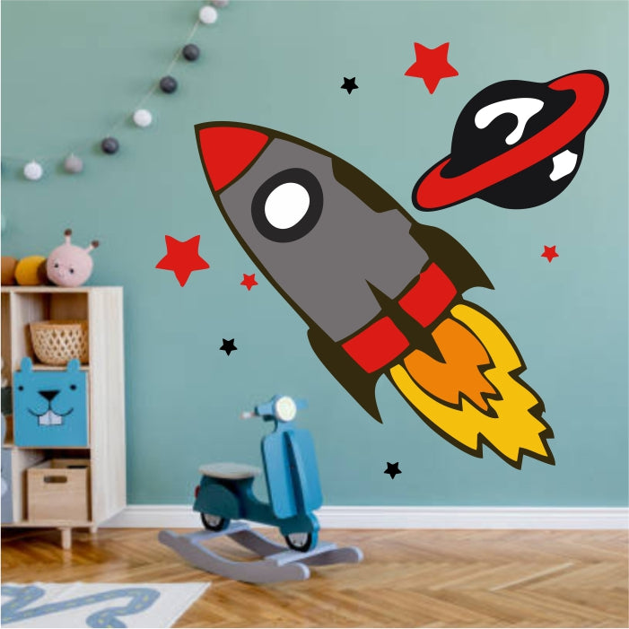 Red And Grey Rocketship Flying Around Wlanet With Stars Decal
