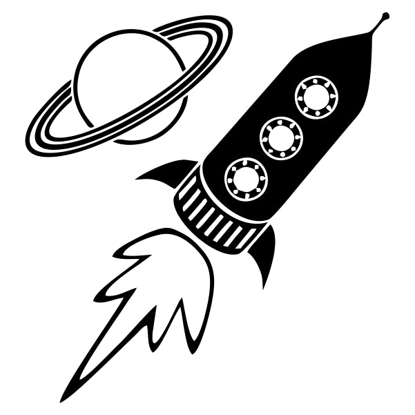 Rocketship flying past a Planet Decal