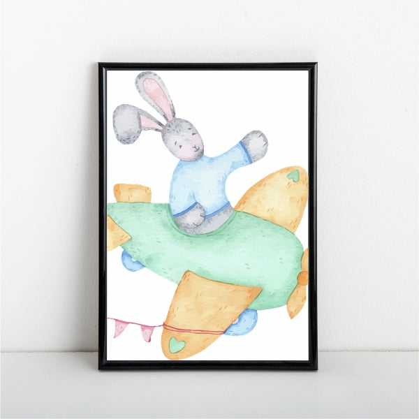 Watercolour Rabbit Aeroplane Poster