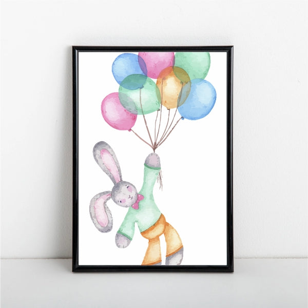 Watercolour Rabbit Ballons Poster