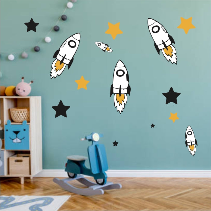 White And Black Rocketships With Yellow And Black Stars Decal