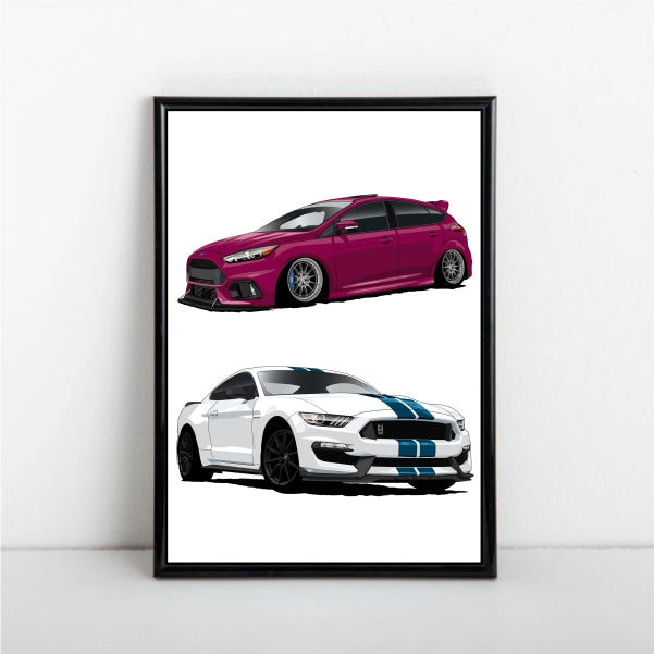 Ford Focus RS - Ford Mustang Shelby GT350 Car Poster