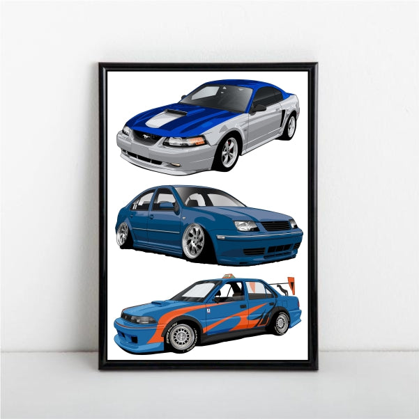 Ford Mustang GT - Volkswagen Jetta - Toyota Corolla AE90 Car Poster
